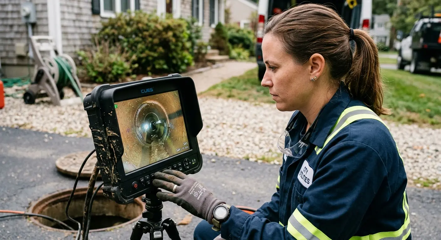 Technician reviewing sewer camera inspection footage in St. Louis Park