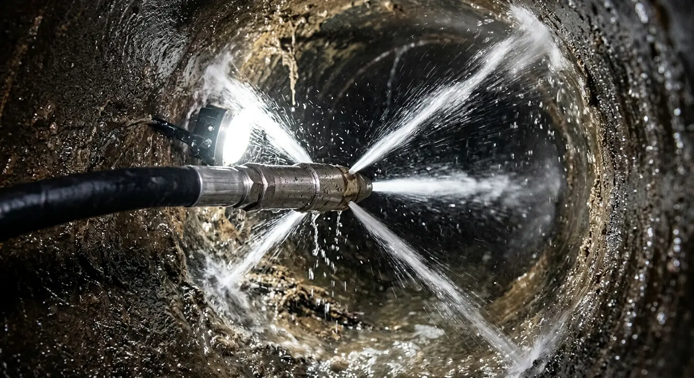 High-pressure hydro jetting nozzle cleaning sewer pipe for Sewer Cleanout in St. Louis Park