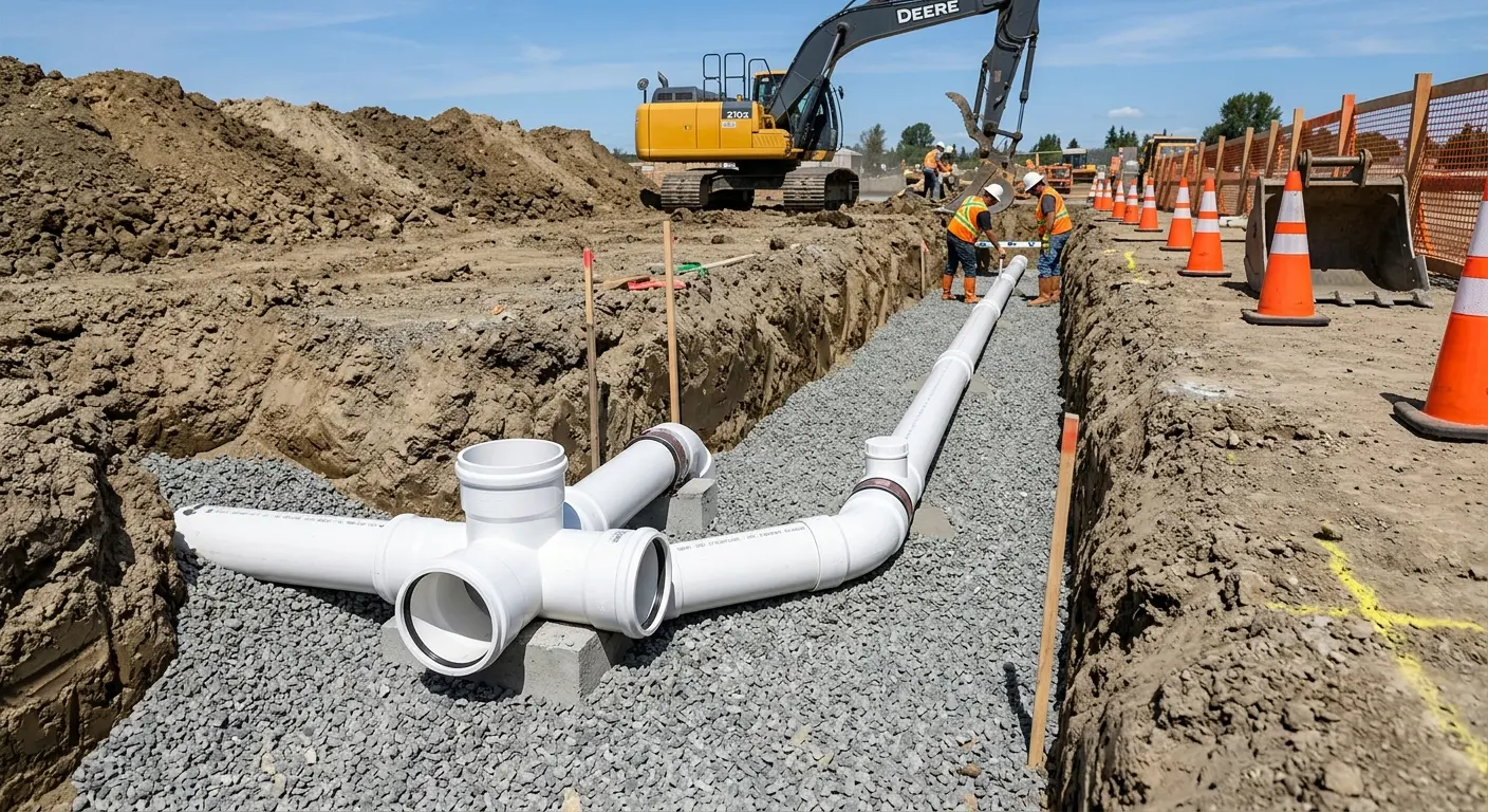 New PVC sewer pipe installation in open trench for Commercial Drain Cleaning in St. Louis Park