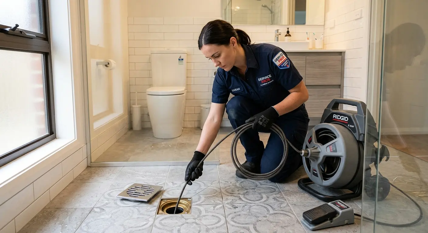Technician clearing a bathroom floor drain for Hydro Jetting in St. Louis Park